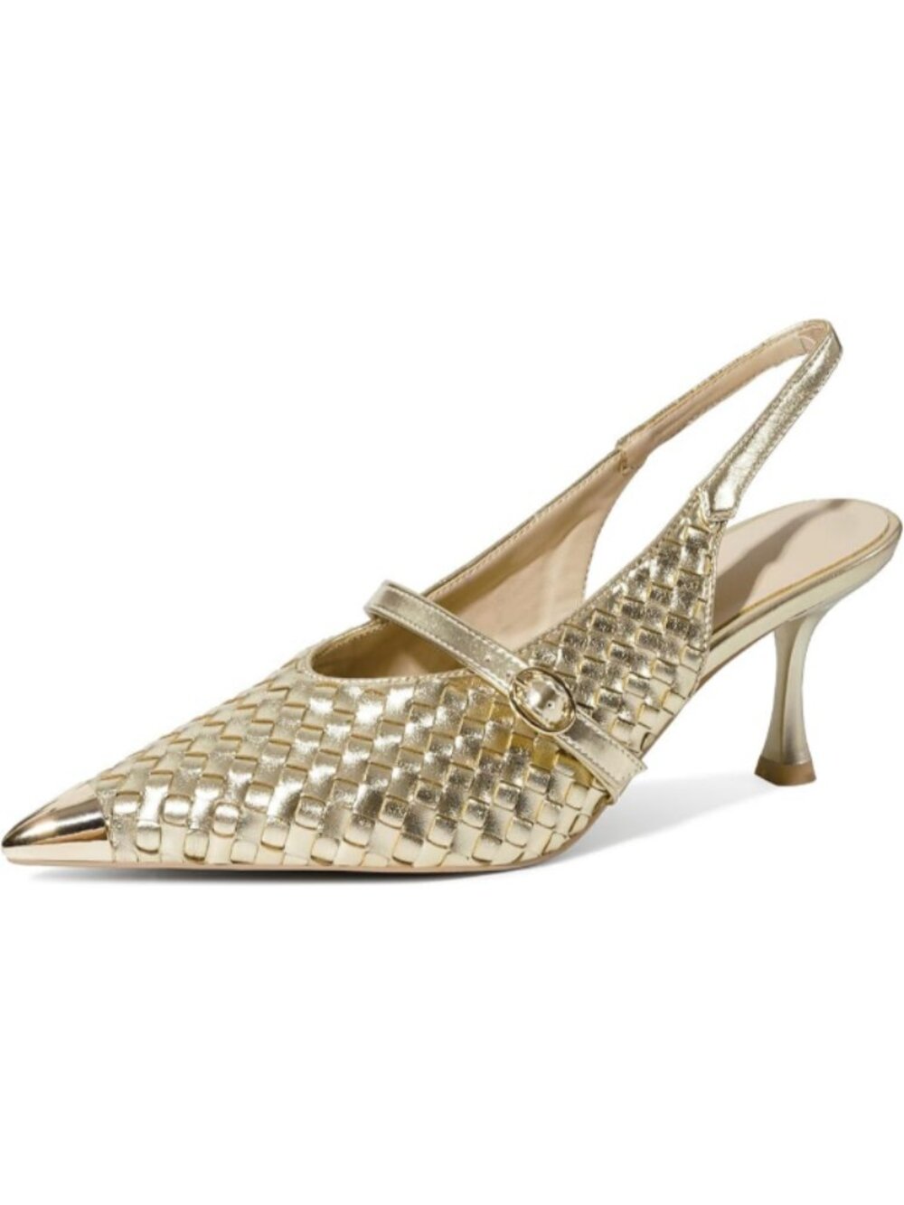 Women Pumps Stiletto Heels Metal Closed Pointed Toe Buckle Strap Shoes Gold